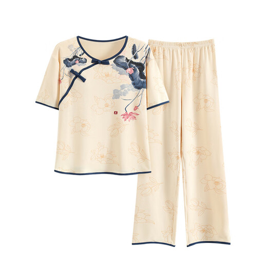 素芙露女士短袖睡衣套装夏季薄款长裤夏天新中式国风仿棉家居服可外穿 l9905 M  (建议75-95斤)
