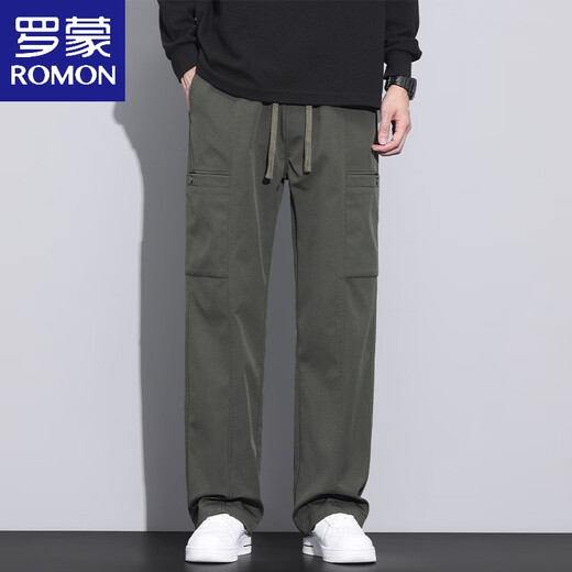 罗蒙（ROMON）美式潮牌工装裤子男宽松直筒春秋伞兵裤2025春秋新款运动休闲长裤 9856-军绿色 M 【商家】90~110斤