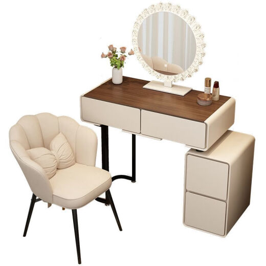 Tangshan (TANGSHAN) Tangshan cream style dressing table bedroom modern simple small apartment makeup table bedside storage chest cabinet desk mirror gray-walnut desktop (black round mirror) 655mm (60 table + side cabinet) + grid stool