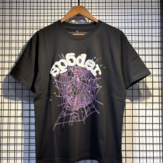 
Fadenjue American Sp5DER 555555 Summer foam spider web printing men and women couples loose casual short-sleeved T-shirt 6218# black (230g double yarn fabric) S