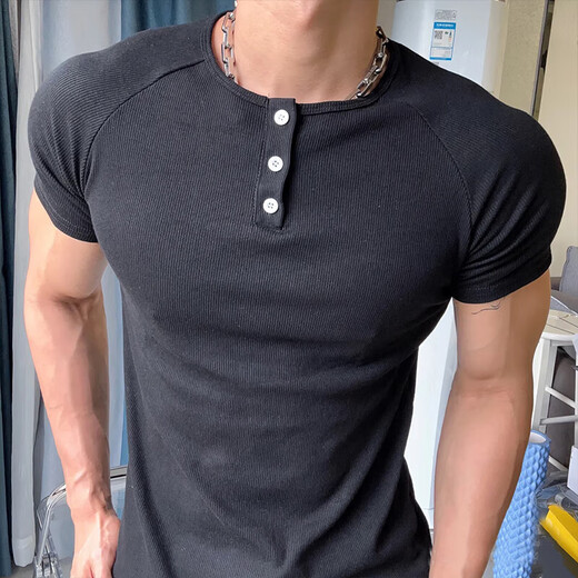 ShanSha Yitong (ShanSha Yitong) BKCXZICE New Chinese Henry Collar Short Sleeve Sportswear POLO Shirt Fitness Big Casual Top Men Waffle Henley Collar Short Sleeve - White L 170-175 high, 115-130Jin Jin equals 0.5 kg)