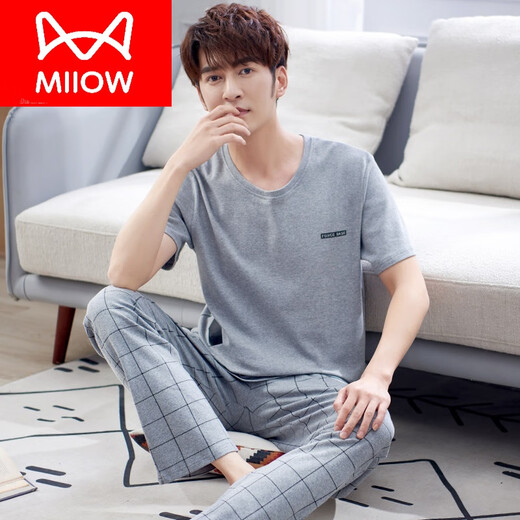 Catman (Miiow) Pajamas pour hommes en été coton pur pantalon à manches courtes minces de coton à demi-manche à manchette pour hommes en vrac de taille plus habile 9928 Ash M (taille 165) recommandée de porter du poids 100-125 Jin [Jin est égal à 0,5 kg]