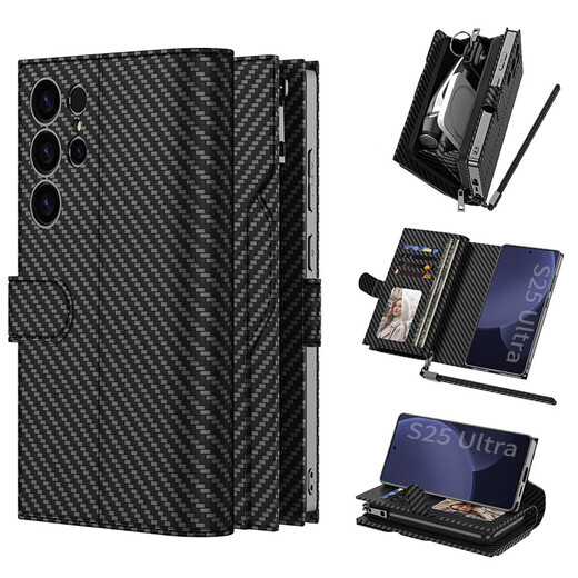 Anwendbar für Samsung S25ultra Mobiltelefonhülle Multifunktion S24U Reißverschluss Brieftasche Lederhülle Handtasche Flip Card Clip [Schwarz] Handtaschen-Cool Black SM-S25ultra