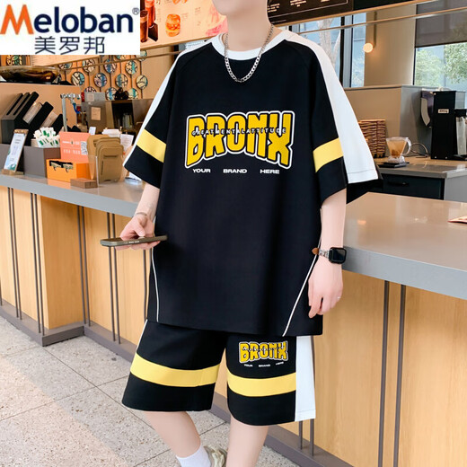 美罗邦 MELOBAN夏季新款休闲运动套装男生港风宽松搭配潮流帅气短袖短裤两件套装 687白色 3XL 参考160-180斤左右