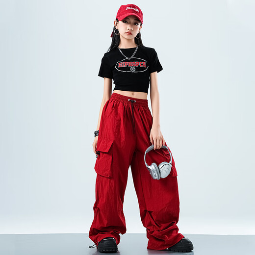 Fairy tale cool children's street dance trend clothing June 1st National Day New Year's Day hip-hop performance clothing Spring and autumn summer boys and girls drums performance clothing A672 black short-sleeved + trousers Women's style 160 size recommended to wear about 155cm in height