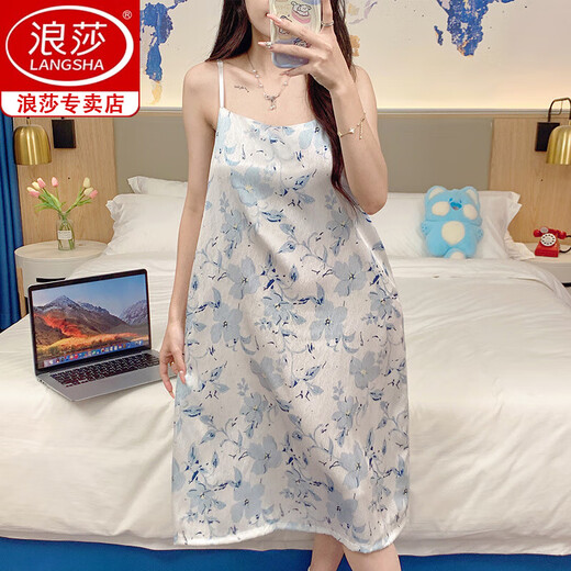浪莎吊带睡裙女冰丝夏季ins风带胸垫外穿连体裙高级凉感甜美网红睡衣 蓝色 3887Q带固定胸垫 L 100-115斤