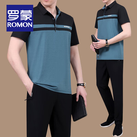 ROMON Dad Summer Ice Silk Quick-Drying Short-Sleeve T-Shirt Set Middle-aged and Elderly Father's Day Casual Sports Two-Piece Set POLO Shirt 963-Doing Green [Shorts Set] XL [Suggested 120-140Jin [Jin equals 0.5 kg]]