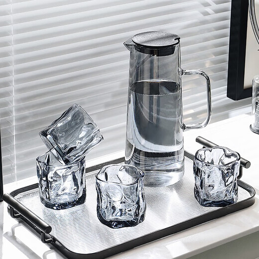 Lugaris Nordic style glass home set living room drinking cup simple family tea cup for entertaining guests 6 ash twist cups + black stand + straight pot + black iron plate