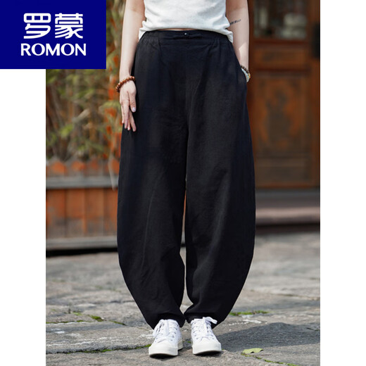 Romon Retro Style Leinenhose Männer lose Haremhosen Meditation Baumwollwäsche Casual Hosen Sommer mit breitem Bein Laternenhosen Black 4xl 190-210jin [Jin entspricht 0,5 kg]