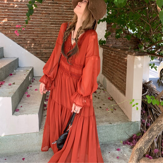 Shantoulin Village Neue Sommer große Retro Deep V Gurt Taille Spitze Langer Rock Slim Red Tea Break Rock 3527 Loulan Girls Langer Rock groß