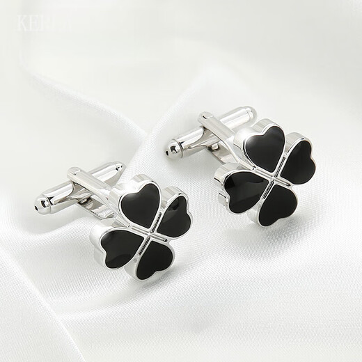 KERLA高档黑色四叶草袖口扣钉男士商务衬衣袖扣礼盒装男生礼物 黑色四叶草