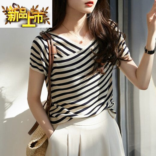 First-diameter French striped short-sleeved T-shirt for women in summer new style loose slim v-neck thin knitted sweater ice silk top DX829# striped color S recommended 85-99Jin [Jin equals 0.5 kg]