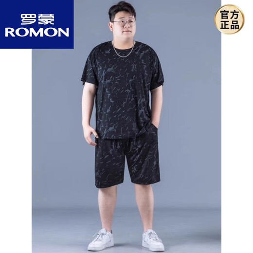 ROMON ice silk sports suit men's summer large size thin style men's quick-drying five-point pants fat plus fat plus loose short sleeves PZ829 black high-quality ice silk suit XL recommended 130-140Jin [Jin equals 0.5 kg]