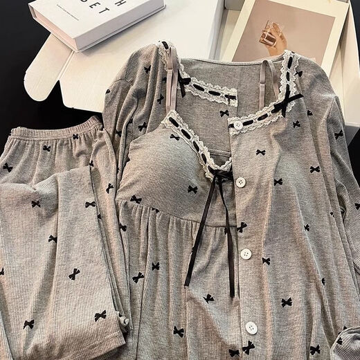 FHHUABD带棉垫睡衣女春秋季莫代尔保暖长袖灰色吊带蝴蝶结家居服三件套装 6621#.黑色 -莫代尔三件套 M 建议75-100斤