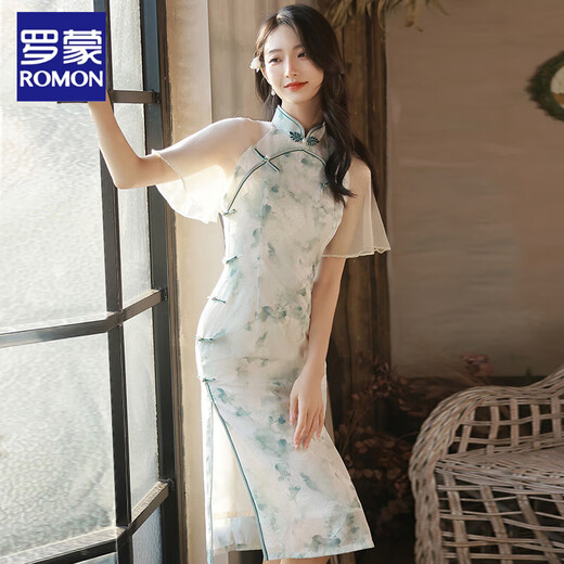 罗蒙（ROMON）日常新式改良旗袍2025新款年轻款少女复古修身平时可穿连衣裙夏季 十三行14132花绿旗开得胜 2XL