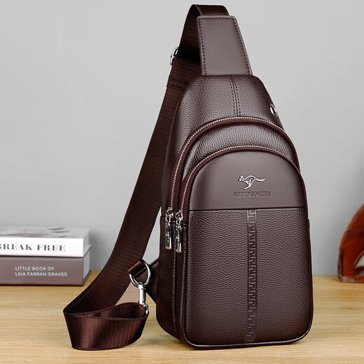 Kangaroo Herren-Crossbody Chest-Tasche echte Leder-Leder-Kopfschicht Kuhleder Leder One-Shoulder Lederbeutel Herren Ins Small Cross Bag Boy's Chest Bag Black 7029 Real Leder