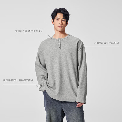 BODYDREAMBM Henry collar heavyweight T-shirt textured long-sleeved men's autumn bottoming shirt loose casual top black S 110Jin Jin is equal to within 0.5 kg