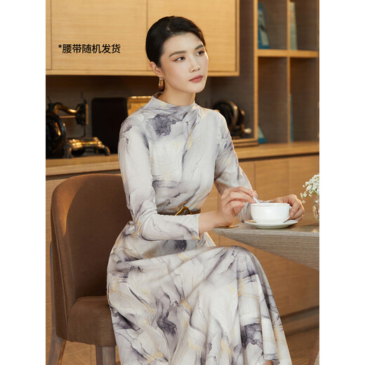 Pink and blue wardrobe oriental charm artistic smudge dress for women's autumn clothes new lace-up waist long-sleeved skirt 533L702 Vanilla Apricot L