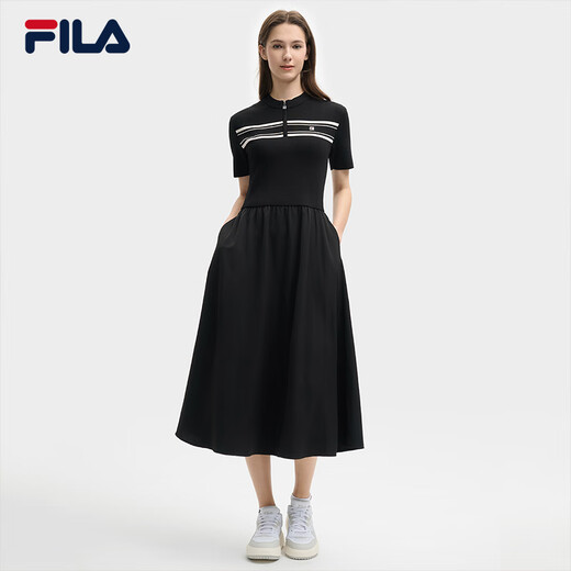 Fila Offizielles Frauenkleid 2025 Sommer Neue Mode lässig einfache schlanke kurzärmelige Rock, Black-Bk S 160/80A/S