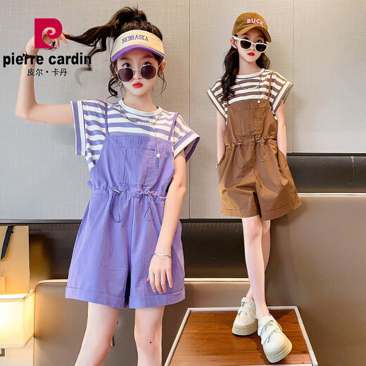 皮尔卡丹（pierre cardin）女童背带裤套装夏款2025新款中大童夏季棉休闲薄款短裤儿童夏装 紫色 两件套 120 cm