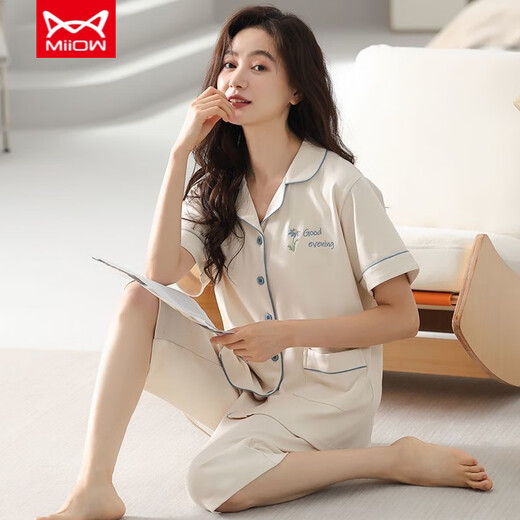 猫人（MiiOW）纯棉睡衣女夏季短袖七分裤可外穿宽松大码韩版休闲家居服套装 睡衣套装 9892# M 【建议体重：80-95斤】