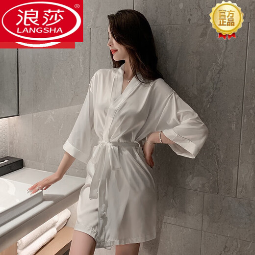浪莎（LangSha）浴袍女款夏天薄款真丝睡袍新娘2024年新款白色性感七夕情人节礼物 短款袖睡袍 688#-白色 XL 175