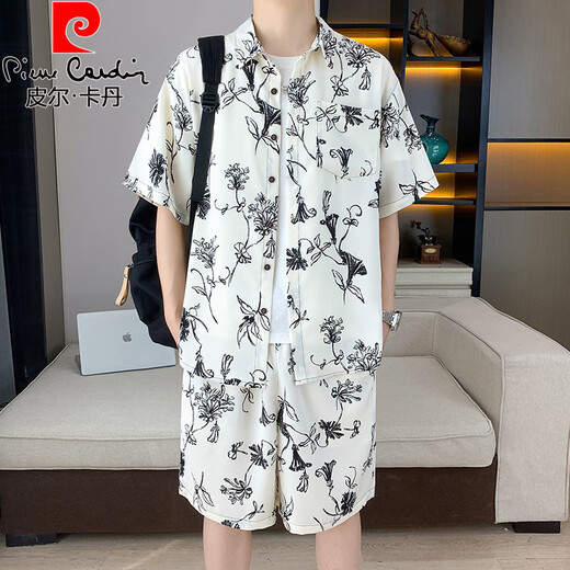 
Pierre cardin ice silk short-sleeved shirt suit men's summer casual cool quick-drying floral shirt with beach shorts two-piece set 679 black suit M 90-110Jin [Jin equals 0.5 kg]