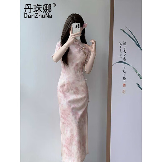 
DanZhuNa (DanZhuNa) yellow new Chinese dress summer new style retro improved cheongsam young temperament long skirt for women summer 9721 pink cheongsam (no accessories) S