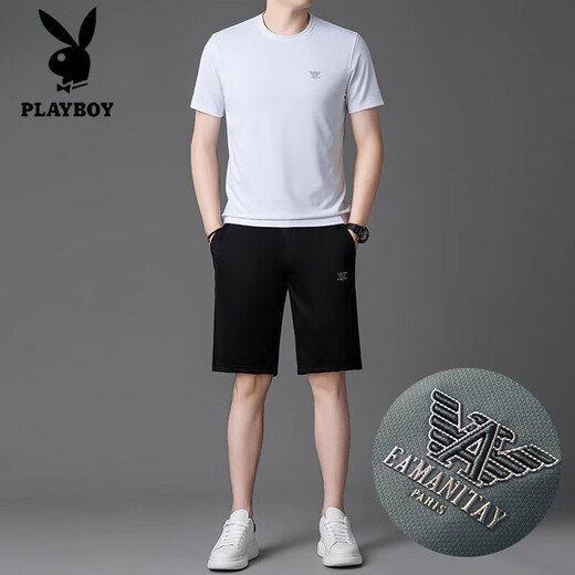 花花公子（PLAYBOY）品牌高档冰丝套装男夏季2025新款速干短袖短裤跑步休闲运动服 白色套装【13603-1】 M 165 【适合体重100-120斤】