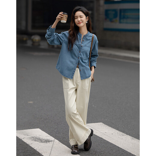 Demana Qinfu Cloud Feel Cotton Spring Simple Style Round Neck Shirt Comfortable to Hidden Meat and Matches Denim Shirt Women's Top