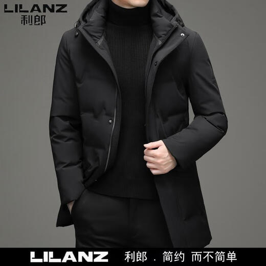 Lilang men's mid-length suit men's winter 90 white duck down business casual hooded thickened warm jacket Black 1355 L 175 Suggestions [120-140Jin [Jin equals 0.5 kg]]