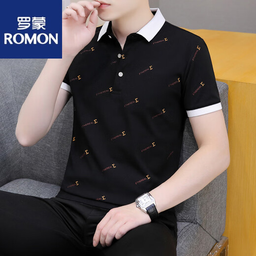ROMON summer lapel short-sleeved T-shirt for men's casual youth collar top half sleeve versatile thin style handsome polo. Shirt QY686 black M 100-120Jin [Jin equals 0.5 kg]