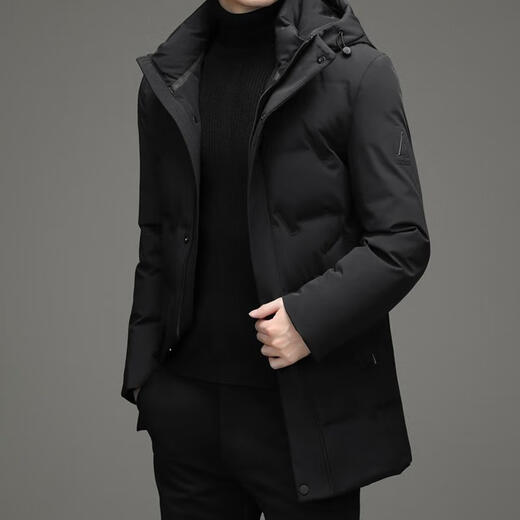 Lilang men's mid-length suit men's winter 90 white duck down business casual hooded thickened warm jacket Black 1355 L 175 Suggestions [120-140Jin [Jin equals 0.5 kg]]