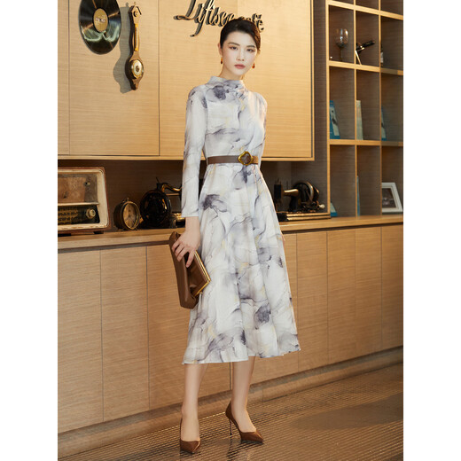 Pink and blue wardrobe oriental charm artistic smudge dress for women's autumn clothes new lace-up waist long-sleeved skirt 533L702 Vanilla Apricot L