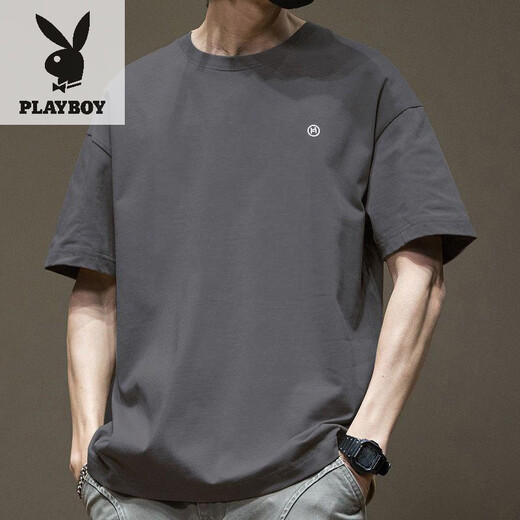 花花公子（PLAYBOY）纯棉重磅居家纯色百搭宽松新款短袖体恤男士纯棉个性印花图案半袖 蓝色1365 XL