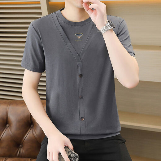 Aemape Sommer reines Baumwoll-T-Shirt gefälschte zweiteilige kurzärmelige, dünne, atmungsaktive runde Nacken Schlanker lässiges Hoch-End-Top Herren-T-Shirt Q6626 Black Thin M (Empfohlen 85-110Jin [Jin gleich 0,5 kg])