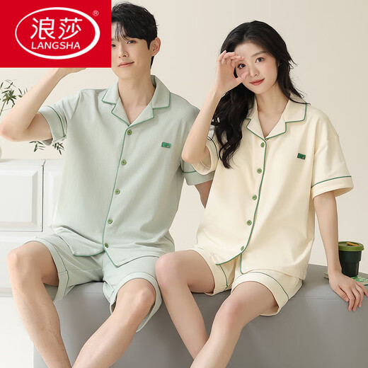 浪莎（LangSha）情侣睡衣夏季纯棉短袖短裤简约开衫可外穿男士女款全棉家居服夏天 X12707-12808# M 女款：