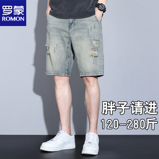 罗蒙（ROMON）2025新款夏季浅色破洞牛仔短裤男宽松大码胖子复古痞帅五分裤 蓝色AC-719  无弹 30 120斤左右穿