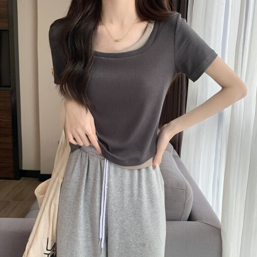 拼接撞色方领黑色短袖假两件女生夏季新款ins内搭打底短款上衣 杏色 【KK-R719】 M