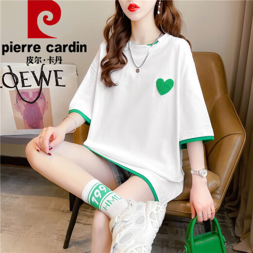 皮尔卡丹（pierre cardin）夏季假两件短袖t恤女纯·棉宽松刺绣上衣设计感中长款ins潮大尺码 1502白色 印花纯·棉 XL 140-165斤