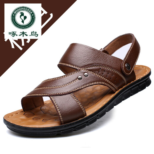 Woodpecker Primavera 2025 Sandalias de hombres nuevas para hombres Zapatos de playa de cuero genuino para hombres Zapatos de moda de hombres transfronterizos al por mayor 12129 Negro 46