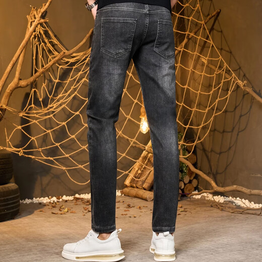 
Muzhi European high-end hot diamond jeans men's slim-fitting small feet trendy brand elastic gray men's casual trendy long trousers black 6623 30