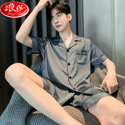 LangSha 2025 new pajamas men's summer ice silk short-sleeved shorts thin boys spring and autumn teenagers home clothing set Ice silk G723 M (suggested height 165 and weight 90-1