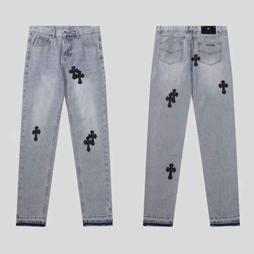 Heart Crome Heart CH FANTARIO CH Washable Old Cross Leather Jeans Men and Women Light Luxury Pants Luxury pantalones rectos tienda de hombres y mujeres 9905 azul claro 28