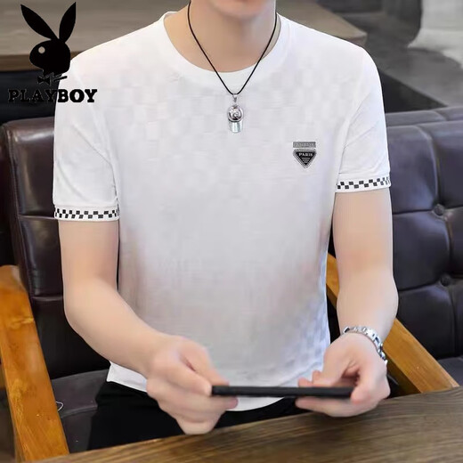 花花公子（PLAYBOY）夏季冰丝短袖t恤男士圆领潮牌高端格子休闲烫钻半袖体恤衫男薄款T 698黑色 4XL