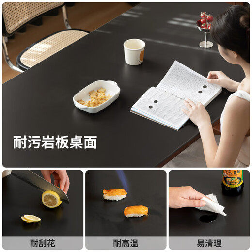 Genji hölzernem Massivholz Esstisch Restaurant mittelstil Rockboard Langer Tisch Retro Esstisch Haushaltstisch Stuhl Kombination 1,8 Meter reine schwarze Steintisch Esstisch 1804*854*750 mm