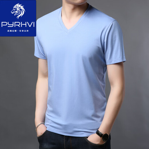 PYRHVI夏季新款男士短袖t恤莫代尔纯色V领冰丝薄中青年休闲棉体恤衫上衣 9902宝蓝 S 165