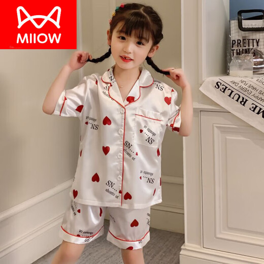 猫人（MiiOW）儿童睡衣女童夏季薄款冰蚕丝短袖中大童女孩宝宝亲子家居服套 1047小熊 短.袖短.裤 S 143-153CM 70-85斤左右 右)