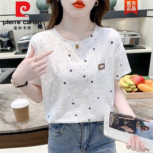 
Pierre cardin pure cotton printed T-shirt for women short-sleeved summer 2025 new loose print design versatile T-shirt top trend 1396 white + 315 blue plaid S suitable for 80-98 Jin [Jin equals 0.5 kg]