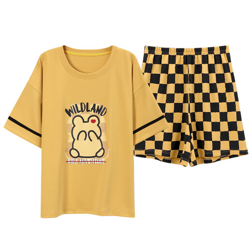 Summer Women's Short Sleeve Cotton Plaid Pajama Set Summer Pure Cotton Korean Home Clothing Can Be Cartoons for Outdoor Y9857 M (Suggested 75-95Jin [Jin equals 0.5 kg])
